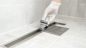 Duschrinne einer ebenerdigen Dusche wird gereinigt